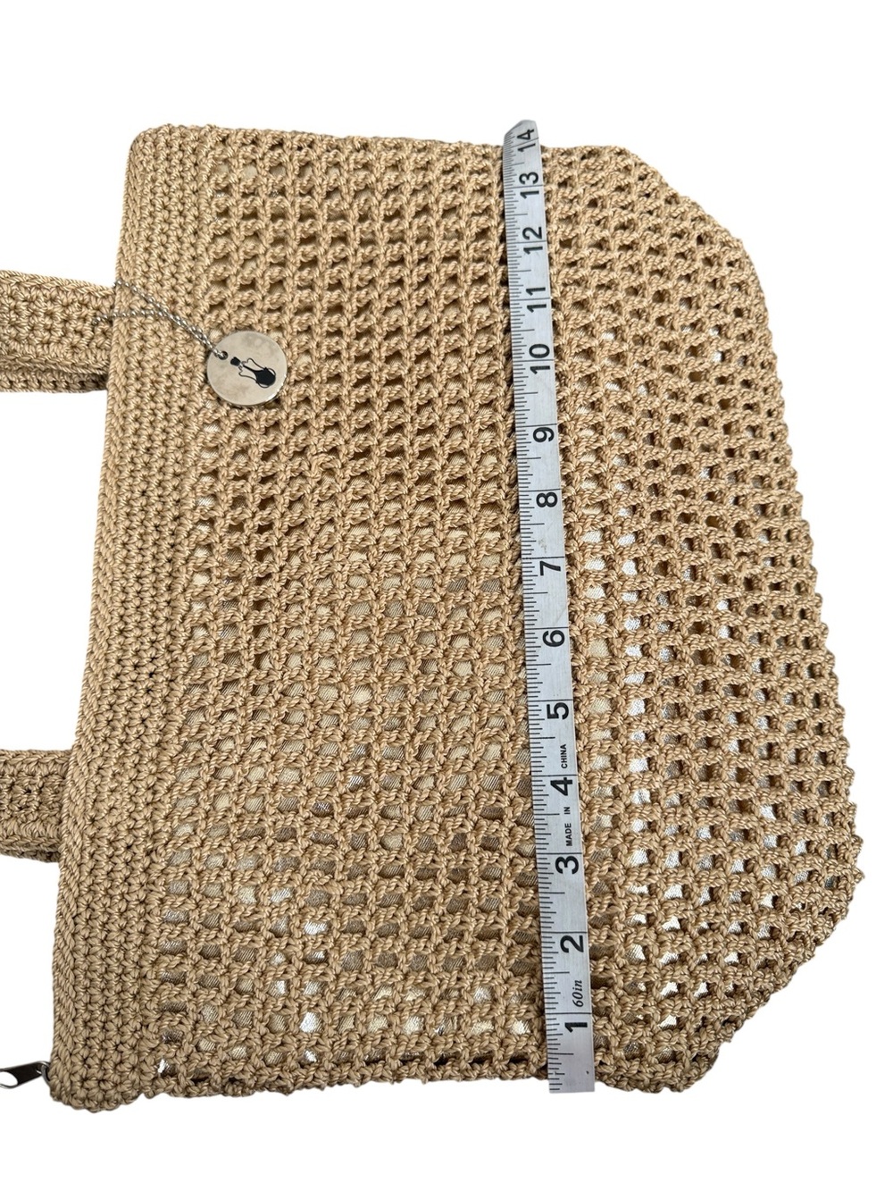 The Sak Crochet Tote Bag Beige Tan Metallic Lined Boho Shoulder Handbag - Picture 12 of 13